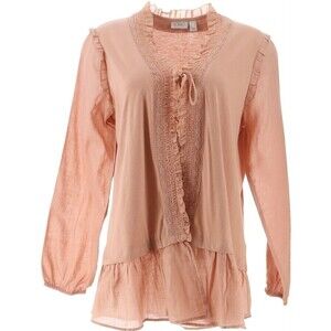 LOGO Lori Goldstein Cotton Cardigan Womens Large Chiffon Smocking Tea Rose Open